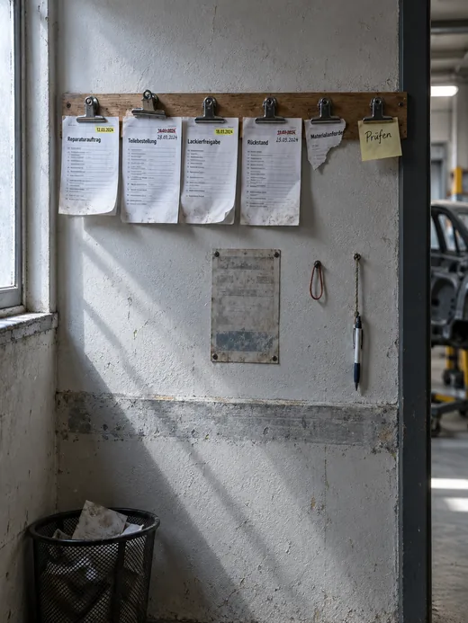 Flurwand zwischen Halle und Büro im Seitenlicht eines Fensters: An einer Holzleiste mit Federklemmen hängen die Blätter Reparaturauftrag, Teilebestellung, Lackierfreigabe und Rückstand, jedes mit markiertem Datum oben rechts, bei Teilebestellung und Rückstand ist das Datum durchgestrichen und von Hand ein späteres daneben geschrieben, ein fünftes Blatt ist abgerissen, an der letzten Klemme klebt ein Merkzettel mit „Prüfen“, darunter ein verblasster Aushang, ein Gummiring am Nagel, ein Kugelschreiber an einer Schnur und ein Papierkorb am Boden