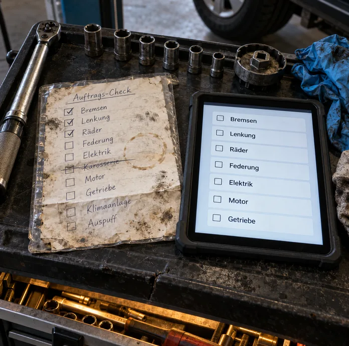 Deckel eines Werkzeugwagens in der Halle: links eine abgegriffene Karte Auftrags-Check in einer Klarsichthülle mit Kaffeerand und handschriftlicher Ankreuzliste von Bremsen über Lenkung, Räder, Federung, Elektrik, die gestrichene Karosserie, Motor und Getriebe bis zu den nachgetragenen Zeilen Klimaanlage und Auspuff, rechts ein Tablet mit denselben Prüfpunkten als große Auswahlzeilen, darüber aufgereihte Steckschlüsseleinsätze und ein Ölfilterschlüssel, daneben ein Drehmomentschlüssel, blaue Einweghandschuhe und unten eine offene Schublade voller Werkzeug