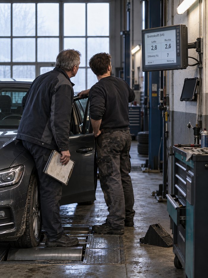 Am Bremsenprüfstand einer Werkstatthalle: Ein grauhaariger Werkstattmeister mit Klemmbrett und ein jüngerer Mechaniker, der eine Hand an der offenen Fahrertür hat, stehen neben einem Pkw mit den Vorderrädern auf den Prüfrollen und sehen gemeinsam auf eine Wandanzeige mit den Bremskräften links 2,8 und rechts 2,6 kN bei 7 Prozent Differenz, daneben ein Tablet in einer Wandhalterung, ein Unterlegkeil am Boden und ein blaugrüner Werkzeugwagen