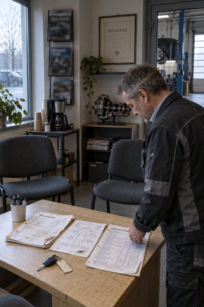 Kundenwarteecke einer Kfz-Werkstatt am Morgen: Ein grauhaariger Mann in dunkler Betriebsjacke beugt sich über einen Tisch mit einem mehrlagigen Werkstattauftrag, einem Annahmezettel mit gezeichneten Fahrzeugumrissen und einer ausgefüllten Inspektionscheckliste, daneben ein Fahrzeugschlüssel mit Pappanhänger und ein Stiftebecher, dahinter zwei Polsterstühle, ein Zeitschriftenregal, eine Kaffeemaschine mit Pappbechern, ein gerahmter Meisterbrief, ein Getriebe-Schnittmodell und durch die Glastür die Halle mit einem Fahrzeug auf der Hebebühne