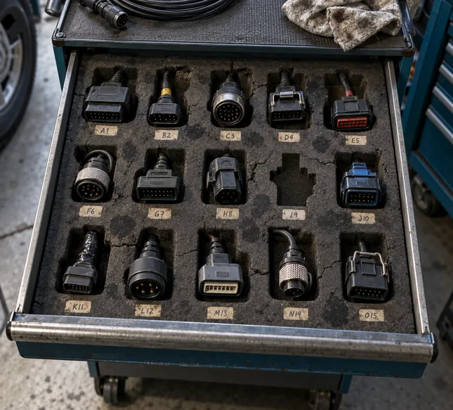Blick von oben in die ausgezogene Schublade eines blaugrünen Diagnosewagens: In der abgegriffenen Schaumstoffeinlage stecken vierzehn unterschiedliche Diagnose- und Adapterstecker, runde und flache, mit Rändelschraube oder Bügelverschluss, jede Aussparung mit einem handbeschrifteten Etikett von A1 bis O15, eine Aussparung ist leer, oben auf dem Wagen ein aufgerolltes Prüfkabel und ein Lappen