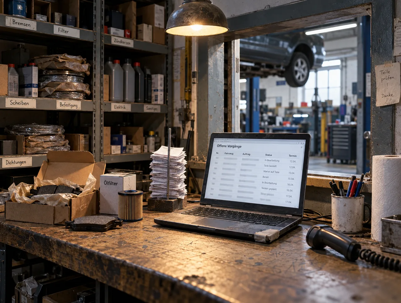 Teiletheke an der Durchreiche zwischen Ersatzteillager und Werkstatthalle: Auf der abgenutzten Holzplatte steht ein aufgeklapptes, an einer Ecke mit Klebeband geflicktes Notebook mit der Liste Offene Vorgänge samt Status und Termin, daneben ein Karton mit Bremsbelägen, eine Ölfilterschachtel mit Ölfilter, ein Spieß mit Entnahmescheinen, ein Handscanner mit Spiralkabel, ein Stiftebecher und eine Rolle Papiertücher, dahinter beschriftete Lagerregale mit Kanistern und eingeschlagenen Bremsscheiben und durch die Durchreiche ein angehobenes Fahrzeug in der Halle