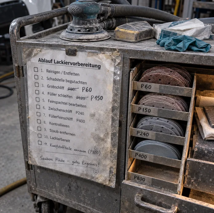 Stirnseite eines verstaubten Schleifwagens am Vorbereitungsplatz: In einer eingerissenen Klarsichthülle hängt das Blatt Ablauf Lackiervorbereitung mit elf Schritten zum Abhaken von Reinigen und Entfetten über Grobschliff, Füller schleifen und Zwischenschliff bis Lackierbereit, zwei Körnungen von Hand korrigiert und eine Zeile ergänzt, daneben Fächer mit Schleifscheiben von P60 bis P800, das Fach P800 leer, obenauf ein Exzenterschleifer mit Absaugschlauch, ein Schleifklotz, Staubbindetücher und Nitrilhandschuhe