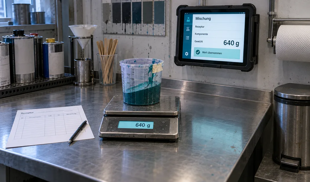Wägeplatz im Mischraum eines Lackierbetriebs: Auf der Edelstahlplatte steht ein Mischbecher mit blaugrünem Lack und einem Streifen Kreppband auf einer Waage, die 640 g anzeigt, daneben zeigt ein Tablet in robuster Hülle an der Wand die Maske Mischung mit Rezeptur, Komponente und Gewicht 640 g und der Meldung Wert übernommen, links liegt ein leerer Rezepturvordruck mit Kugelschreiber, dahinter Lackdosen auf einem Lochblech, ein Trichter, Rührstäbe und eine Papierrolle, rechts ein Treteimer