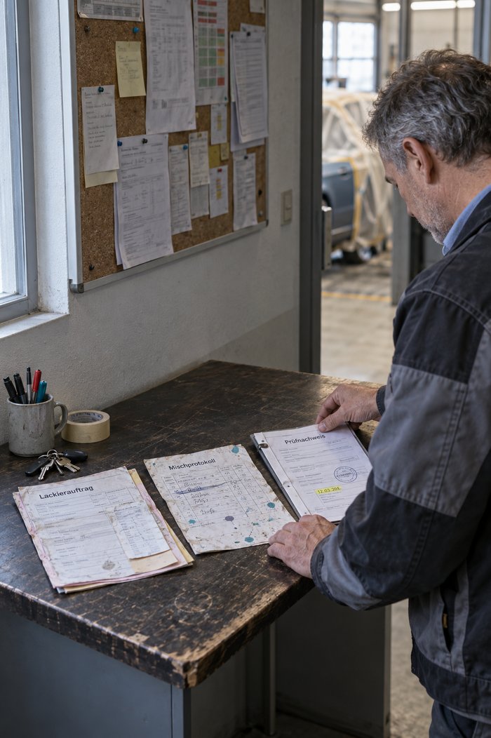 Flur zwischen Büro und Halle am frühen Morgen: Ein grauhaariger Mann in Arbeitsjacke legt auf einem dunklen, abgenutzten Holztisch drei gebrauchte Papiere nebeneinander, einen mehrlagigen Lackierauftrag mit Durchschlägen und angehefteter Liste, ein handschriftliches Mischprotokoll mit Farbspritzern und durchgestrichener Zeile und einen abgehefteten Prüfnachweis mit Stempel und markiertem Datum, daneben Stiftebecher, Kreppband und Schlüsselbund, darüber eine Pinnwand mit Aushängen, durch die offene Tür ein abgeklebtes Fahrzeug in der Halle