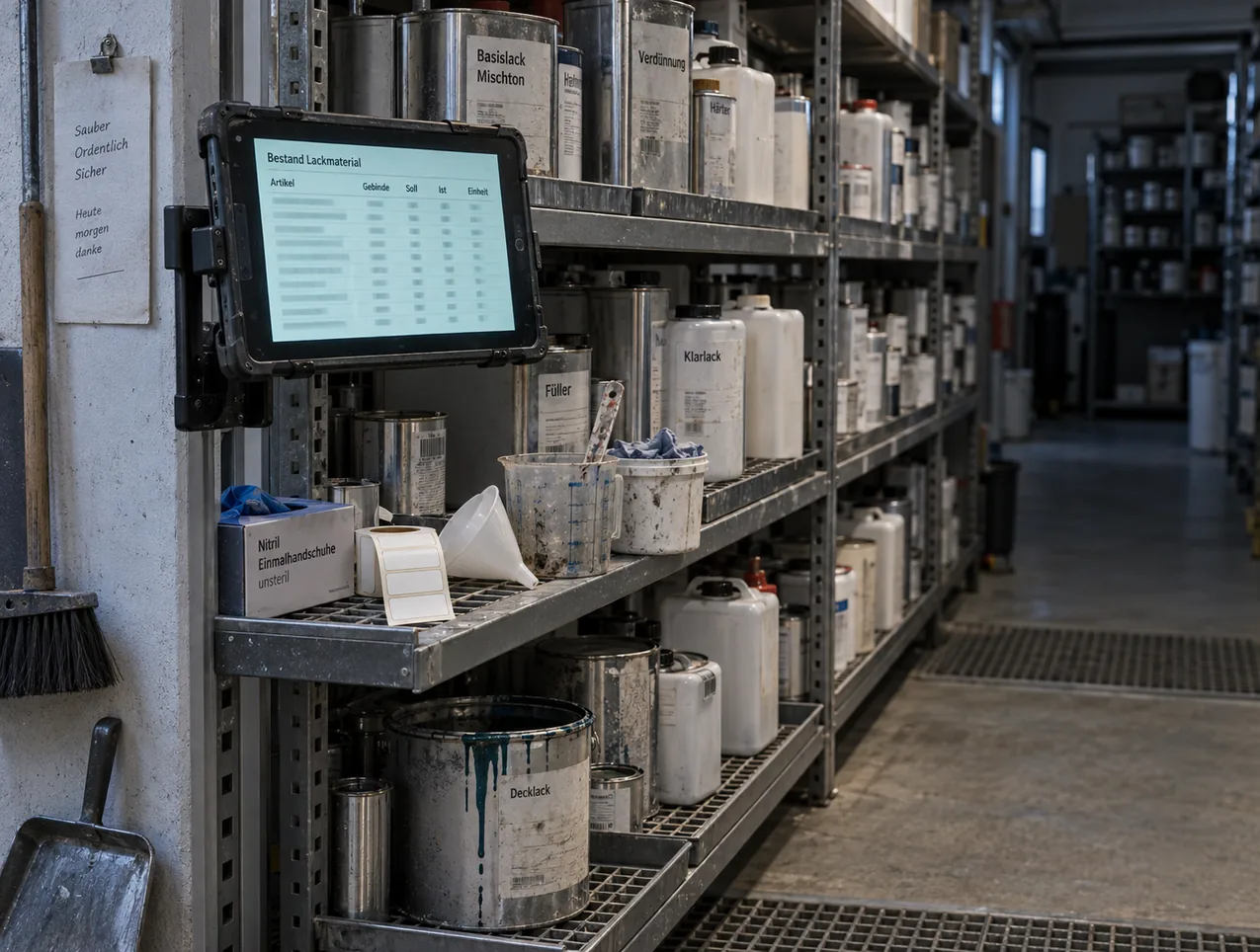 Lacklager eines Lackierbetriebs: An der Stirnseite einer Regalzeile mit Gebinden für Basislack, Verdünnung, Härter, Füller, Klarlack und Decklack auf Auffangwannen mit Gitterrost hängt ein Tablet in robuster Schutzhülle an einer Schwenkhalterung und zeigt die Liste Bestand Lackmaterial mit Artikel, Gebinde, Soll, Ist und Einheit, auf dem Bord darunter eine Schachtel Nitril-Einmalhandschuhe, eine Rolle leerer Etiketten, ein Trichter, ein Messbecher mit Rührstab und ein Eimer mit Putztüchern, an der Wand Besen und Kehrblech, rechts die Regalgasse in die Tiefe
