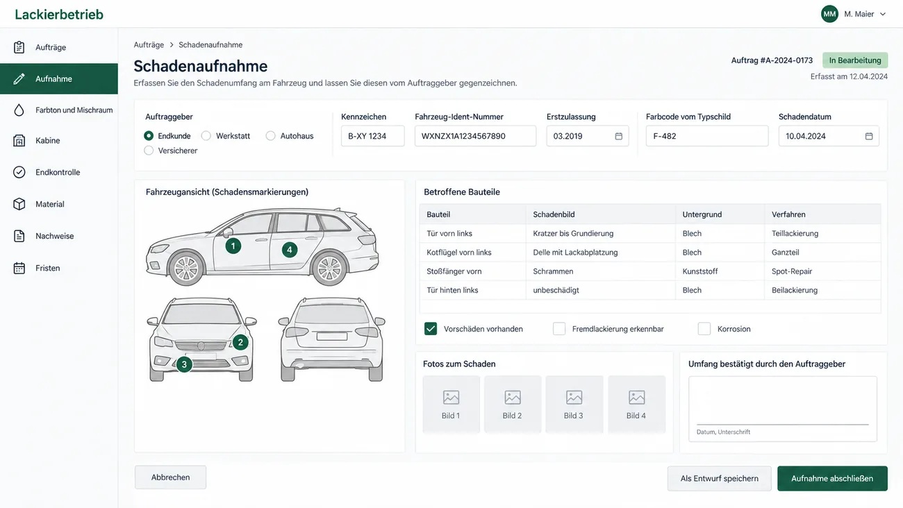 Maske: Schadenaufnahme mit der Auswahl des Auftraggebers zwischen Endkunde, Werkstatt, Autohaus und Versicherer, Kennzeichen, Fahrzeug-Ident-Nummer, Erstzulassung, Farbcode vom Typschild und Schadendatum, einer Fahrzeugskizze in Seiten-, Front- und Heckansicht mit vier nummerierten Schadensmarkierungen, der Tabelle Betroffene Bauteile mit Schadenbild, Untergrund und Verfahren von Teillackierung über Ganzteil und Spot-Repair bis Beilackierung, den Ankreuzfeldern Vorschäden, Fremdlackierung und Korrosion, vier Fotoplätzen und dem Unterschriftsfeld Umfang bestätigt durch den Auftraggeber