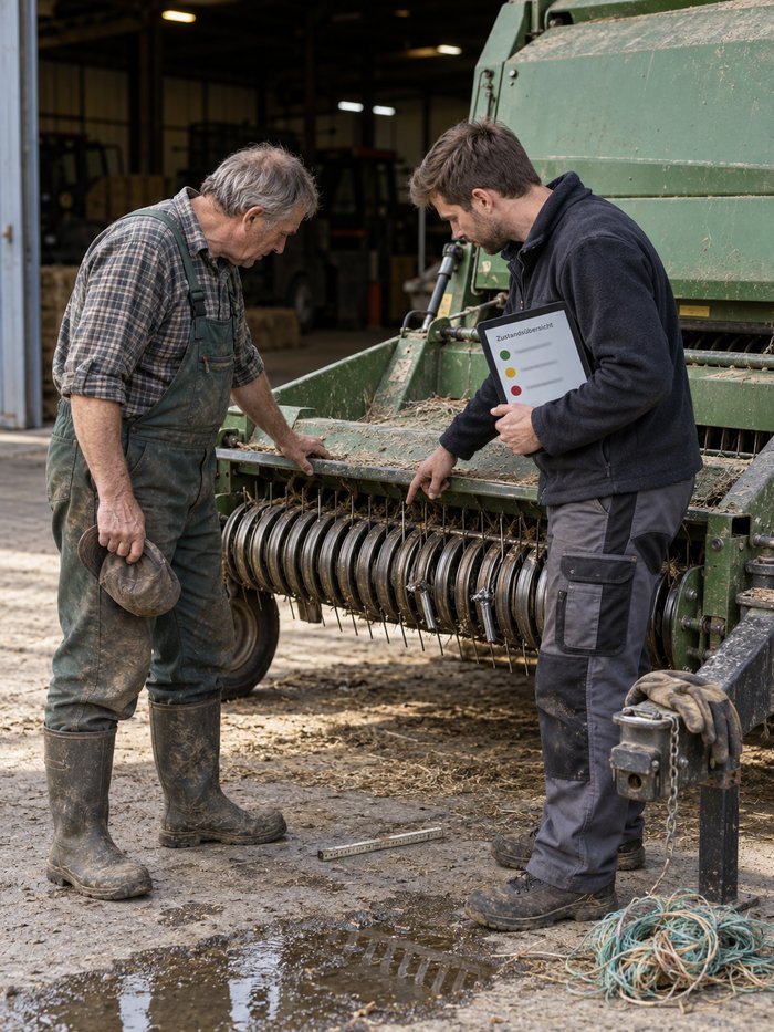 Betriebshof vor dem offenen Hallentor: Ein älterer Landwirt in Latzhose und Gummistiefeln, die Mütze in der Hand, und ein jüngerer Techniker in Fleecejacke mit einem Tablet in der Armbeuge, das eine Zustandsübersicht mit grünem, gelbem und rotem Punkt zeigt, beugen sich über die Zinkenreihe einer Rundballenpresse, auf der Deichsel liegen Handschuhe, am Boden ein Zollstock, eine Pfütze und Reste von Bindegarn