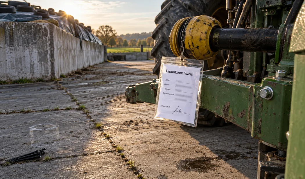 Hof eines landwirtschaftlichen Betriebs am späten Nachmittag: Links die Betonwange eines Fahrsilos mit Folie und alten Reifen, rechts ein angehängtes Gerät mit Deichsel und gelbem, verkratztem Zapfwellenschutz, an dessen Kette eine Klarsichttasche mit einem einzelnen, frisch gedruckten Einsatznachweis mit Datum, Gerät, Tätigkeit, Bemerkungen und Unterschrift hängt, auf dem Beton ein Bündel Kabelbinder und ein Ölfleck
