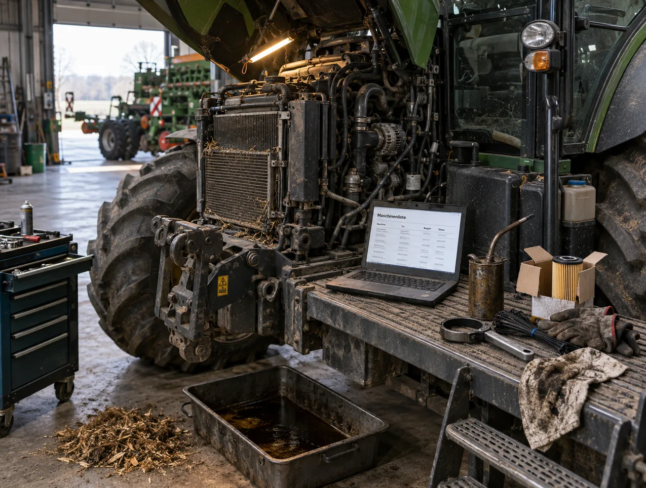 Werkstatthalle eines Landtechnikbetriebs: Ein Schlepper mit hochgeklappter Motorhaube, freigelegtem Motor und Kühler voller Spelzen, auf dem geriffelten Aufstiegspodest ein aufgeklapptes Notebook mit einer Maschinenliste nach Maschine, Typ, Baujahr und Status, daneben ein neuer Ölfilter im aufgerissenen Karton, eine Ölkanne mit langem Rohr, ein Filterschlüssel, Kabelbinder, Handschuhe und ein Lappen, davor eine Ölauffangwanne, ein Werkzeugwagen und ein Häufchen Spelzen, im offenen Hallentor ein angehängtes Gerät