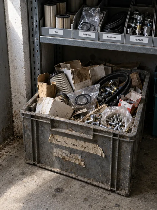Bodenecke im Ersatzteillager: Unter einem Regal mit sauber beschrifteten Fächern für Filter, Dichtringe, Keilriemen und Hydraulik steht eine verschmutzte graue Kunststoffkiste voller ungebrauchter Teile, Filterpatronen in aufgerissenen Kartons, Dichtringe in einer Tüte, ein Keilriemen, Hydraulikverschraubungen und lose Schrauben zwischen Strohhäcksel, auf der Stirnseite ein Streifen Kreppband mit der halb verblichenen Aufschrift „Für den Feldei…“ über einem älteren, abgerissenen Etikett