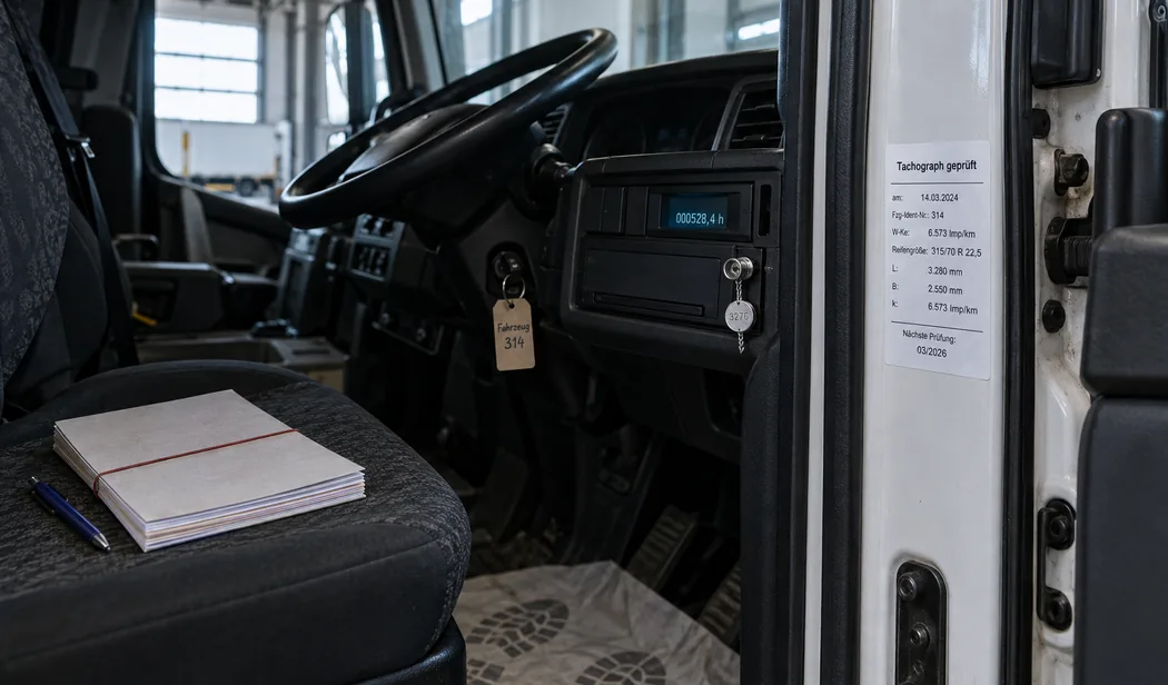 Blick durch die offene Fahrertür in das Fahrerhaus eines Lastwagens in der Werkstatthalle: Am Türholm klebt ein frisches Schild „Tachograph geprüft“ mit Prüfdatum, Wegdrehzahl, Reifengröße und nächster Prüfung, im Armaturenbrett sitzt das Kontrollgerät mit leuchtender Anzeige und frischer Plombe, im Zündschloss steckt ein Schlüssel mit dem Pappanhänger „Fahrzeug 314“, auf dem Fahrersitz liegt ein zugebundener, unbenutzter Durchschreibeblock mit Kugelschreiber, im Fußraum eine Schutzmatte aus Papier