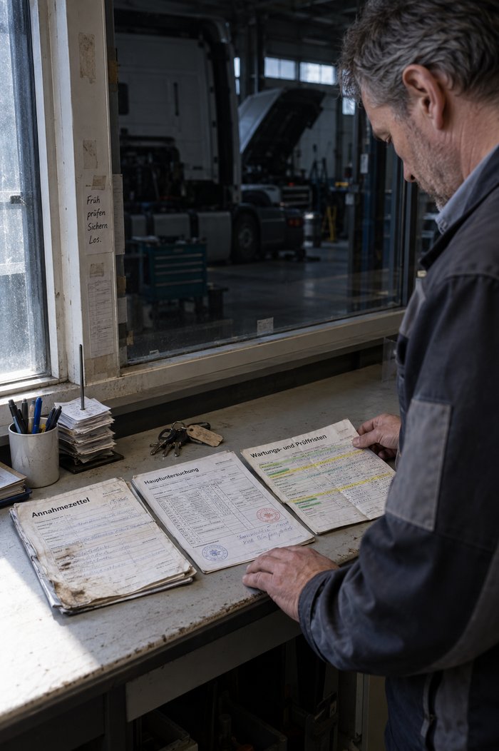 Annahmebüro einer Nutzfahrzeugwerkstatt am frühen Morgen: Ein Mann mit grauem Haar in Arbeitsjacke legt an der Fensterablage drei benutzte Unterlagen nebeneinander – einen verschmutzten Annahmezettel, ein gestempeltes Protokoll zur Hauptuntersuchung mit handschriftlichem Vermerk und eine mit Textmarker bearbeitete Tabelle der Wartungs- und Prüffristen –, daneben ein Becher mit Kugelschreibern, ein Belegspieß und ein Schlüsselbund mit Anhänger, durch die Scheibe die dunkle Halle mit einer Sattelzugmaschine mit gekipptem Fahrerhaus