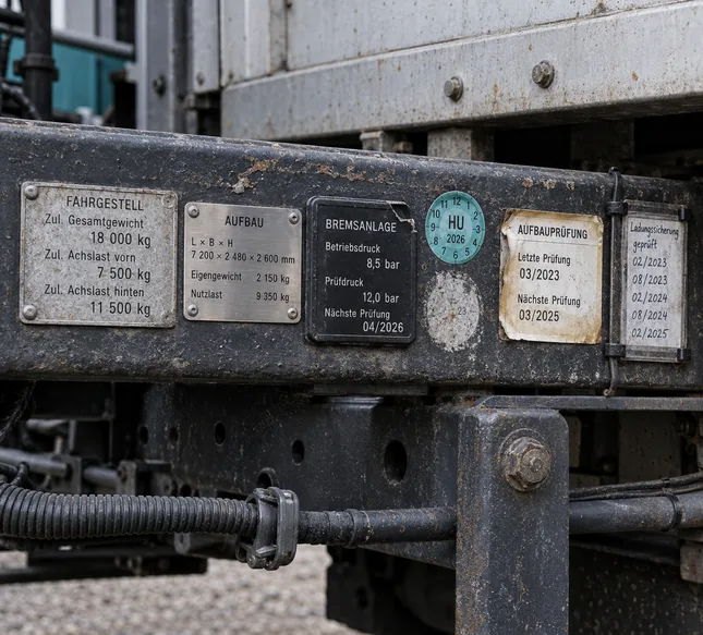 Nahaufnahme eines verschmutzten Rahmenlängsträgers unter dem Aufbau eines Lastwagens: Nebeneinander sitzen Schilder aus verschiedenem Material und Alter – Fahrgestell mit zulässigen Gewichten und Achslasten, Aufbau mit Maßen, Eigengewicht und Nutzlast, Bremsanlage mit Betriebs- und Prüfdruck und nächster Prüfung, eine HU-Plakette über einer verblassten älteren, ein vergilbtes Schild zur Aufbauprüfung und ein handbeschriebener Streifen mit halbjährlichen Terminen zur Ladungssicherung, darunter ein Kabelbaum im Wellrohr