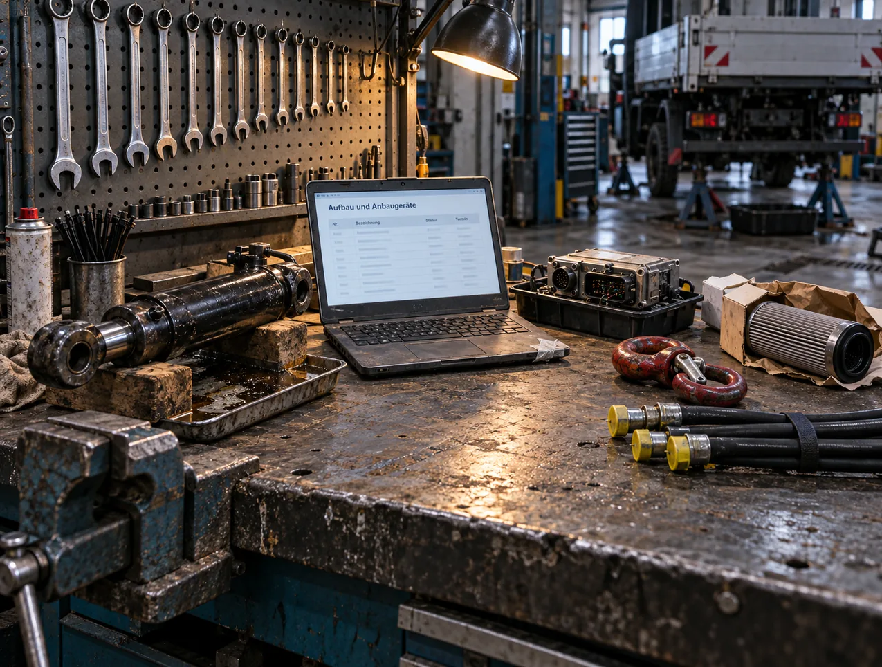 Schwere, ölfleckige Werkbank im Aufbaubereich einer Nutzfahrzeugwerkstatt: Ein aufgeklapptes, staubiges Notebook mit geflickter Ecke zeigt die Liste Aufbau und Anbaugeräte, ringsum liegen ein ausgebauter Hydraulikzylinder auf Holzklötzen über einer Tropfwanne, ein Steuergerät mit offenen Steckern in einer Kunststoffschale, ein roter Lasthaken, ein Filterelement in aufgerissener Verpackung und neue Hydraulikschläuche mit gelben Schutzkappen, vorn ein Schraubstock, dahinter eine Lochwand mit Ringschlüsseln, eine Schwenkleuchte und in der Halle ein Lastwagen auf Unterstellböcken