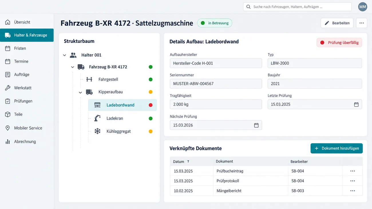 Maske: Fahrzeug B-XR 4172, Sattelzugmaschine in Betreuung, mit dem Strukturbaum Halter, Fahrzeug, Fahrgestell, Kipperaufbau, Ladebordwand, Ladekran und Kühlaggregat samt farbigem Fristenpunkt je Knoten, der Detailkarte zur markierten Ladebordwand mit Hersteller-Code, Typ, Seriennummer, Baujahr, Tragfähigkeit 2.000 kg, letzter Prüfung 15.03.2025, nächster Prüfung 15.03.2026 und der Marke Prüfung überfällig sowie der Tabelle der verknüpften Dokumente mit Prüfbucheintrag, Prüfprotokoll und Mängelbericht