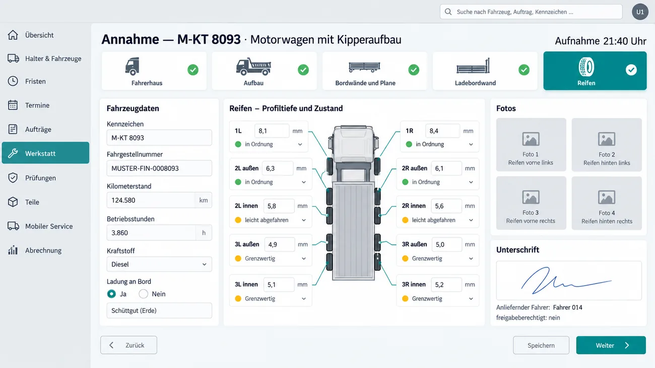 Maske: Annahme des Motorwagens M-KT 8093 mit Kipperaufbau, aufgenommen um 21:40 Uhr, mit dem Rundgang Fahrerhaus, Aufbau, Bordwände und Plane, Ladebordwand und Reifen als abgehakte Kacheln, den Fahrzeugdaten mit Kilometerstand, Betriebsstunden, Kraftstoff und Ladung an Bord, dem Radpositionsraster mit Profiltiefe und Zustand für zehn Reifenpositionen von in Ordnung bis grenzwertig, vier Fotoplätzen und der Unterschrift des anliefernden Fahrers mit dem Vermerk freigabeberechtigt: nein