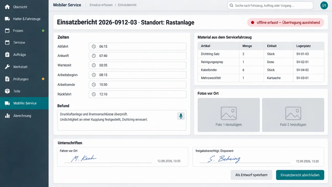 Maske: Einsatzbericht 2026-0912-03 am Standort Rastanlage mit der Marke offline erfasst, Übertragung ausstehend, den Zeiten von Abfahrt über Ankunft, Wartezeit, Arbeitsbeginn und Arbeitsende bis Rückfahrt, dem Befund zu Druckluftanlage und Bremsanschlüssen mit Mikrofon für die Spracheingabe, der Tabelle Material aus dem Servicefahrzeug mit Menge, Einheit und Lagerplatz, zwei Fotoplätzen und den Unterschriften des Fahrers vor Ort und des freigabeberechtigten Disponenten