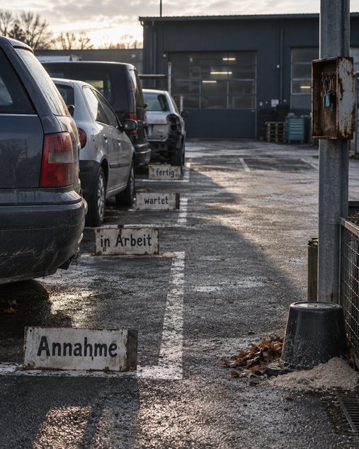 Betriebshof eines Kfz-Betriebs im flachen Morgenlicht: Entlang einer Reihe markierter Stellplätze stehen handbeschriftete Schilder mit „Annahme“, „in Arbeit“, „wartet“ und „fertig“, auf den Plätzen gebrauchte Fahrzeuge, eines davon ohne Stoßfänger, rechts ein Pfosten mit rostigem Schlüsselkasten, ein umgedrehter Eimer mit Ölbindemittel und zusammengekehrtes Laub, im Hintergrund die Werkstatthalle mit Sektionaltor