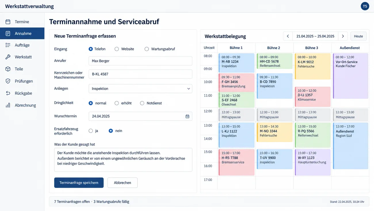 Maske: Terminannahme und Serviceabruf mit dem Eingang Telefon, Website oder Wartungsabruf, Anrufer, Kennzeichen, Anliegen, Dringlichkeit, Wunschtermin, Bedarf an einem Ersatzfahrzeug und dem Feld Was der Kunde gesagt hat, daneben die Werkstattbelegung mit den Spalten Bühne 1 bis 3 und Außendienst, farbigen Terminblöcken samt Uhrzeit und Kennzeichen und der Statuszeile mit offenen Terminanfragen und fälligen Wartungsabrufen
