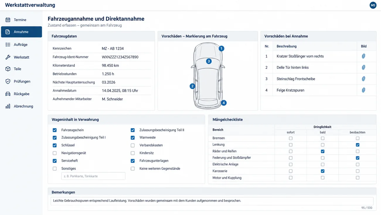 Maske: Fahrzeugannahme und Direktannahme mit Kennzeichen, Fahrzeug-Ident-Nummer, Kilometerstand, Betriebsstunden, nächster Hauptuntersuchung, Annahmedatum und aufnehmendem Mitarbeiter, einer Fahrzeugsilhouette in Draufsicht mit vier nummerierten Vorschäden und der Liste dazu samt Bildanhang, dem Wageninhalt in Verwahrung zum Ankreuzen, einer Mängelcheckliste mit den Dringlichkeiten sofort, bald und beobachten und einem Feld für Bemerkungen