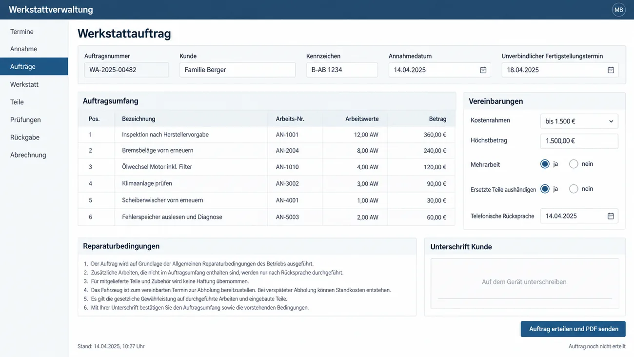 Maske: Werkstattauftrag mit Auftragsnummer, Kunde, Kennzeichen, Annahmedatum und unverbindlichem Fertigstellungstermin, dem Auftragsumfang mit sechs Positionen samt Arbeits-Nr., Arbeitswerten und Betrag, den Vereinbarungen zu Kostenrahmen, Höchstbetrag, Mehrarbeit, Aushändigung ersetzter Teile und telefonischer Rücksprache, den Reparaturbedingungen, dem Feld für die Unterschrift des Kunden auf dem Gerät und der Schaltfläche Auftrag erteilen und PDF senden