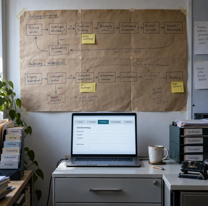 Besprechungsecke eines Fachamts: An der Wand hängt eine handgezeichnete Verfahrensskizze auf Packpapier mit zwei Bahnen für Antragseingang und Widerspruch, Rücksprüngen, einem gestrichenen Kästchen und gelben Haftzetteln an den Engstellen, darunter auf einem Rollcontainer ein Notebook mit denselben Schritten als Reiterleiste, der Reiter Prüfung blaugrün markiert, daneben eine Tasse mit Kaffeerand und ein alter Locher