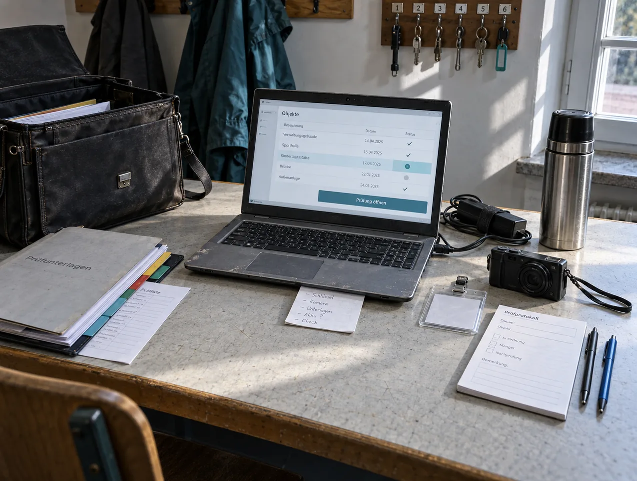 Vorbereitungstisch vor einer Prüffahrt: Auf einer abgenutzten Linoleumplatte steht mittig ein Notebook mit einer Objektliste samt Prüfdatum, Status und der Schaltfläche Prüfung öffnen, darunter ein Zettel mit Packliste, ringsum eine offene Aktentasche, eine Mappe mit Prüfunterlagen, eine Kompaktkamera, eine leere Ausweishülle, ein Block für das Prüfprotokoll und eine Thermoskanne, darüber ein Schlüsselbrett