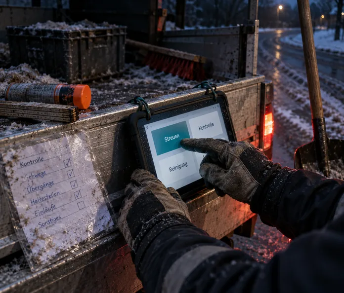 Bordwand eines Pritschenwagens vom Betriebshof an einer verschneiten Ortsstraße in der Dämmerung: Zwei Hände in verschmutzten Winterhandschuhen bedienen ein eingehängtes, robustes Tablet und tippen die Kachel „Streuen“ an, daneben „Kontrolle“ und „Reinigung“, an der Bordwand ein handschriftlicher Kontrollzettel in einer nassen Klarsichthülle, obenauf Zollstock und Markierungsspray, dahinter Besen und eine Kiste mit Streugut, rechts lehnt eine Schaufel