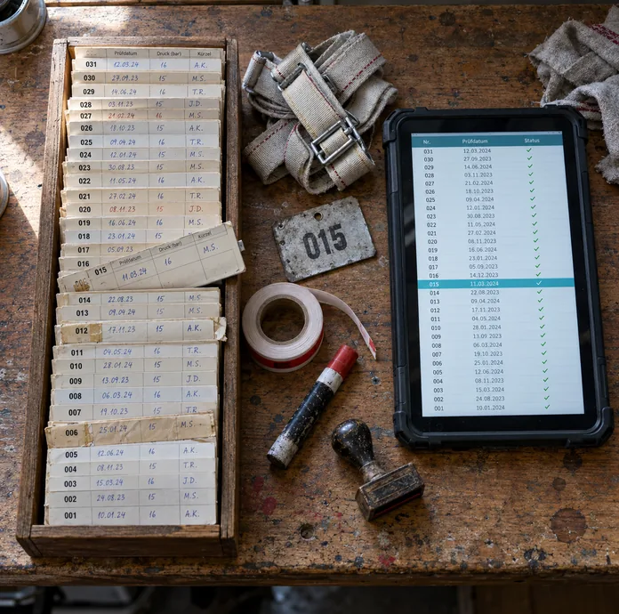 Aufsicht auf eine abgenutzte Holzwerkbank der Schlauchpflege: links ein Holzkasten mit handschriftlichen Schlauchkarten 001 bis 031 mit Prüfdatum, Druck und Kürzel, die Karte 015 steht quer heraus, rechts ein Tablet in robuster Hülle mit derselben Nummernfolge samt Prüfdatum und Status, Zeile 015 blaugrün markiert, dazwischen Schlauchbinden, ein Blechschild mit der Nummer 015, Kennzeichnungsband, ein Fettstift und ein Stempel