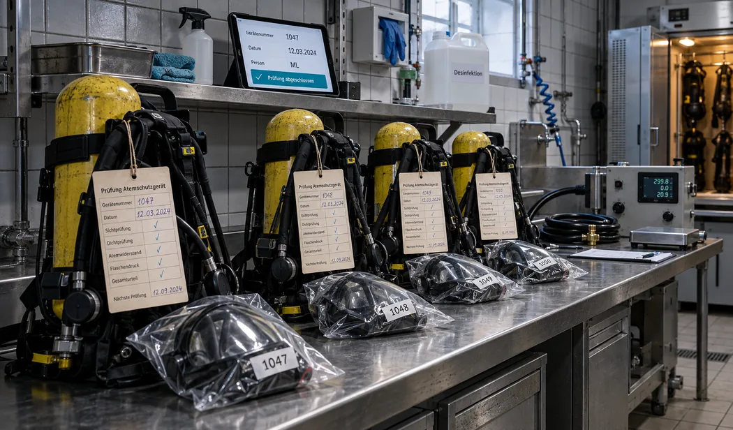 Atemschutzwerkstatt mit gefliesten Wänden: Auf einer Edelstahl-Arbeitszeile stehen vier geprüfte Pressluftatmer mit gelben Flaschen, an jedem eine Prüfkarte mit Gerätenummer und abgehakten Prüfpunkten, davor die Masken in nummerierten Klarsichtbeuteln, auf dem Wandregal ein Tablet mit Gerätenummer 1047, Datum, Personenkürzel und dem Feld Prüfung abgeschlossen, rechts ein Prüfstand mit Display, eine Waage und ein offener Trockenschrank