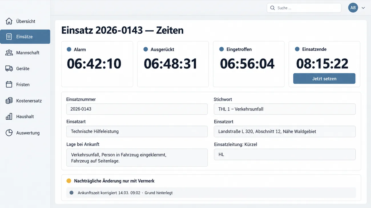 Maske: Zeiten zu Einsatz 2026-0143 mit den vier großen Zeitkacheln Alarm 06:42:10, Ausgerückt 06:48:31, Eingetroffen 06:56:04 und Einsatzende 08:15:22 samt Schaltfläche Jetzt setzen, den Feldern Einsatznummer, Stichwort THL 1 – Verkehrsunfall, Einsatzart Technische Hilfeleistung, Einsatzort an einer Landstraße, Lage bei Ankunft und Kürzel der Einsatzleitung und dem Hinweis Nachträgliche Änderung nur mit Vermerk mit der Zeile Ankunftszeit korrigiert, Grund hinterlegt