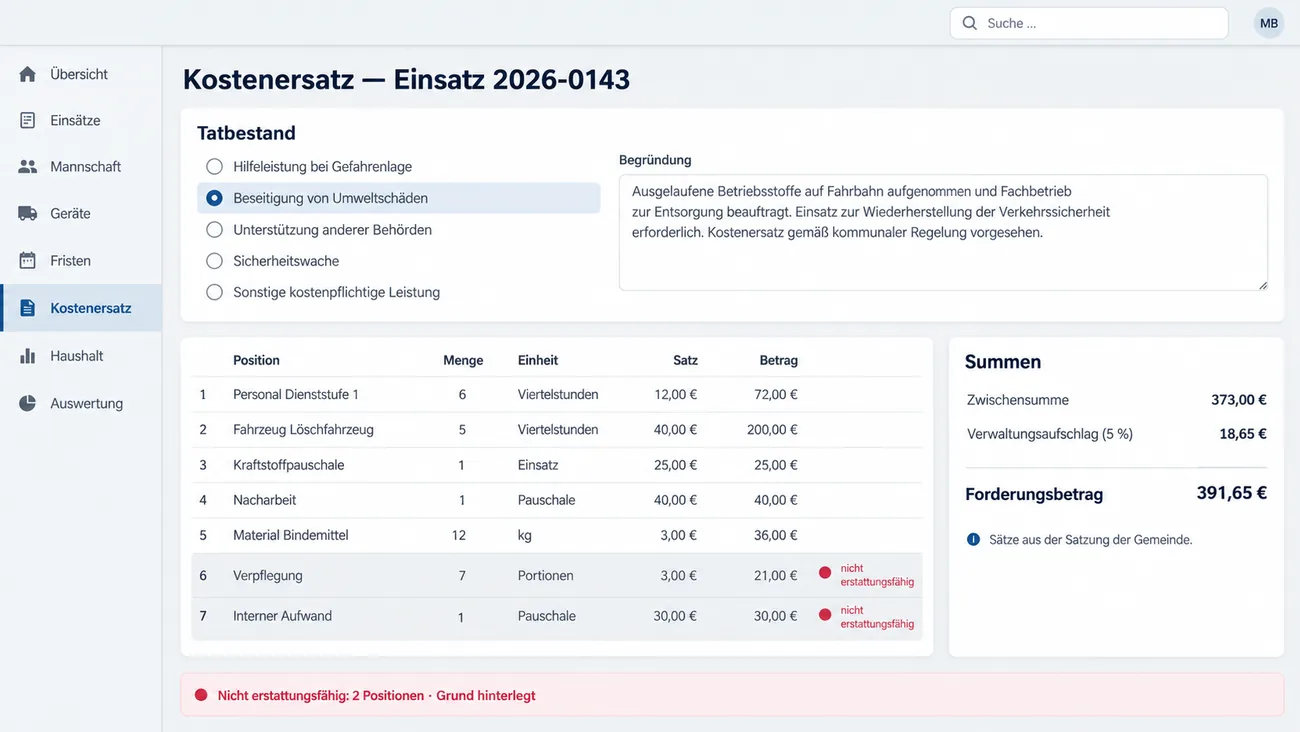 Maske: Kostenersatz zu Einsatz 2026-0143 mit der Karte Tatbestand, Beseitigung von Umweltschäden gewählt, der Begründung zu aufgenommenen Betriebsstoffen auf der Fahrbahn, der Tabelle mit Personal nach Dienststufe, Löschfahrzeug in Viertelstunden, Kraftstoffpauschale, Nacharbeit und Bindemittel samt Menge, Einheit, Satz und Betrag, den zwei als nicht erstattungsfähig markierten Positionen Verpflegung und Interner Aufwand und der Summenkarte mit Zwischensumme 373,00 €, 5 % Verwaltungsaufschlag und Forderungsbetrag 391,65 € nach den Sätzen aus der Satzung der Gemeinde
