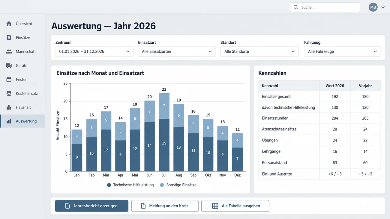 Maske: Auswertung für das Jahr 2026 mit den Filtern Zeitraum, Einsatzart, Standort und Fahrzeug, dem Balkendiagramm Einsätze nach Monat und Einsatzart mit zwölf Monatsbalken, geteilt in technische Hilfeleistung und sonstige Einsätze, der Tabelle Kennzahlen mit Einsätzen gesamt, technischer Hilfeleistung, Einsatzstunden, Atemschutzeinsätzen, Übungen, Lehrgängen, Personalstand sowie Ein- und Austritten je mit Wert 2026 und Vorjahr und den Schaltflächen Jahresbericht erzeugen, Meldung an den Kreis und Als Tabelle ausgeben