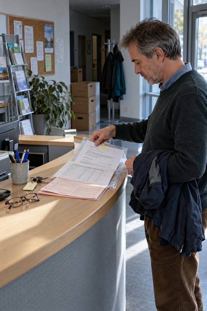 Empfangstresen einer Geschäftsstelle am Vormittag: Ein grauhaariger Mann, die Regenjacke über dem Arm, schiebt einen Bescheid mit Haftzettel, einen Kostenplan mit Bleistiftkorrekturen und einen rosa Durchschreibesatz in eine Klarsichthülle, auf dem Tresen eine Lesebrille, ein Schlüsselbund und ein Becher mit Kugelschreibern, dahinter ein Prospektständer, eine Korkwand mit Aushängen, Umzugskartons und ein Garderobenständer