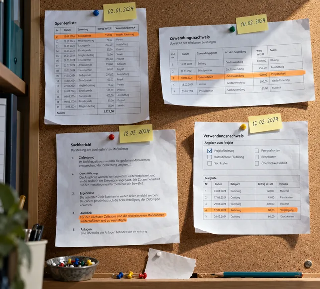 Korkpinnwand im Verwaltungszimmer mit vier verschieden aufgebauten Formblättern, einer eng gespaltenen Spendenliste mit Summenzeile, einem Zuwendungsnachweis im Querformat, einem Sachbericht als nummerierter Fließtext und einem Verwendungsnachweis mit Ankreuzfeldern und Belegliste, in jedem eine andere Stelle orange markiert, darüber Haftzettel mit Datum, unten eine Schale mit Reißzwecken und ein Bleistift