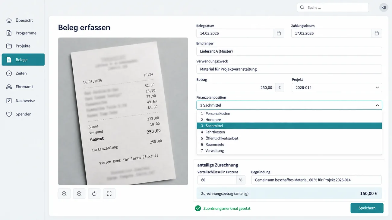 Maske: Beleg erfassen mit dem Foto einer Quittung über 250,00 € neben den getrennten Feldern Belegdatum 14.03.2026 und Zahlungsdatum 17.03.2026, Empfänger, Verwendungszweck Material für Projektveranstaltung, Betrag und Projekt 2026-014, der aufgeklappten Finanzplanposition mit sieben Einträgen von Personalkosten bis Verwaltung, 3 Sachmittel gewählt, dem Block anteilige Zurechnung mit Verteilschlüssel 60 %, Begründung und Zurechnungsbetrag 150,00 € und dem grünen Haken Zuordnungsmerkmal gesetzt