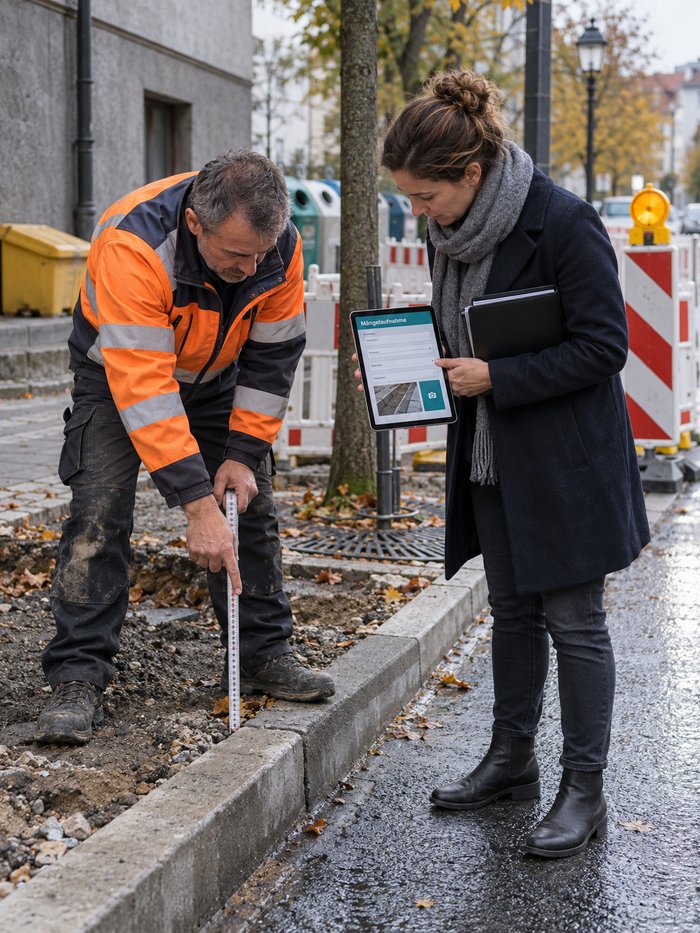 Ortstermin an einem nassen Straßenrand im Herbst: Neben einer aufgegrabenen Fläche hält ein Bauhofmitarbeiter in Warnjacke einen Zollstock an die Bordsteinkante und zeigt auf eine Markierung, ihm gegenüber sieht eine Frau in dunklem Mantel mit einer Mappe unter dem Arm auf dieselbe Stelle und hält ein Tablet mit einer Maske zur Aufnahme des Mangels samt Fotofeld, dahinter Absperrgitter, eine Warnbake und eine Baumscheibe mit Gitterrost