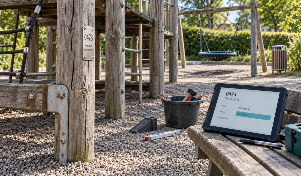 Spielplatz ohne Menschen an einem sonnigen Tag: Am Pfosten eines verwitterten Holzklettergerüsts ist ein Blechschild mit der Gerätenummer 0473 verschraubt, auf einer Parkbank im Vordergrund liegt ein Tablet in Schutzhülle mit derselben Nummer und der begonnenen Prüfzeile aus Gerät, Befund und Maßnahme, auf dem Fallschutzkies ein Prüfkeil, ein Gliedermaßstab und ein Eimer mit Werkzeug, dahinter eine Nestschaukel und eine Hecke