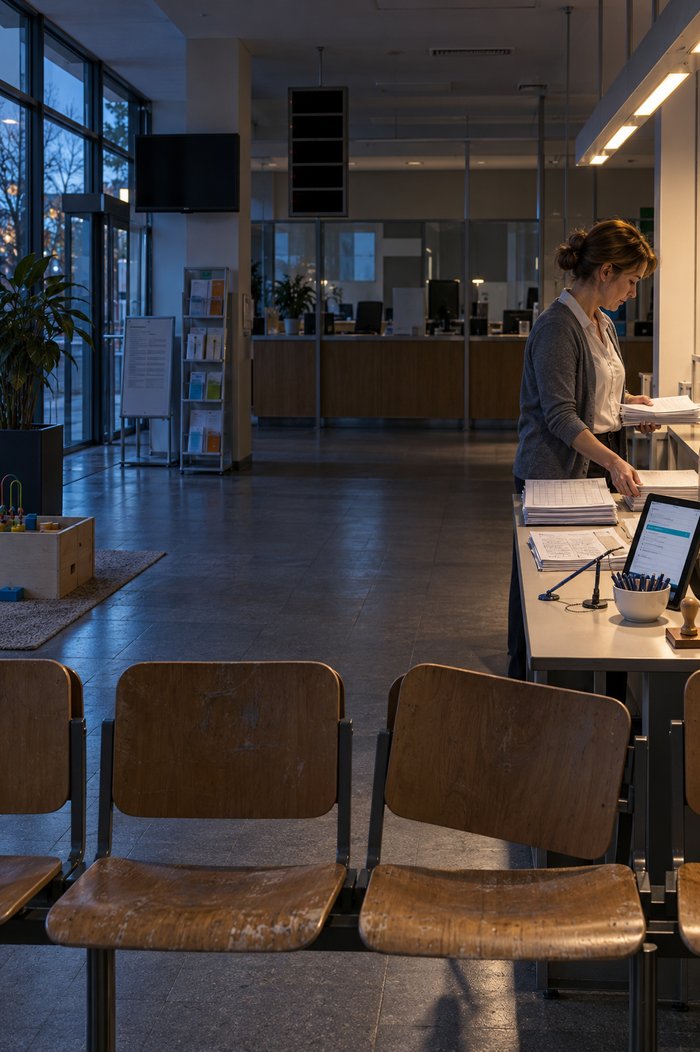 Bürgerbüro nach Schließung im blauen Abendlicht: Im Vordergrund eine Reihe leerer, abgewetzter Wartestühle, rechts richtet eine Frau in Bluse und Cardigan an einem Beistelltisch unter einer Leuchtenreihe Stapel von Vordrucken, daneben ein aufgestelltes Tablet mit einer Liste, eine Schale mit Kugelschreibern und ein Stempel mit Holzgriff, dahinter Prospektständer, Spielecke, ein dunkler Wandmonitor und die leere Schalterzeile