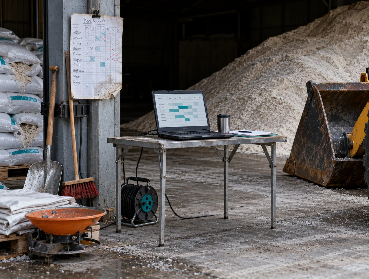 Streugutlager eines Bauhofs unter dem Hallenvordach: Auf einem Metallklapptisch steht ein robustes Notebook mit einem Wochenraster aus Namenszeilen und blaugrün markierten Schichtfeldern, an der Stahlsäule klemmt ein handgeschriebener, mehrfach korrigierter Wochenplan für die Bereitschaft auf Karopapier, davor Schaufel und Besen, links Paletten mit Streugutsäcken, rechts die Schaufel eines Radladers vor dem Streugutberg