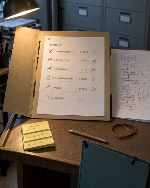 Holzpult im Amtszimmer unter einer Arbeitsleuchte: In der aufgeklappten Umlaufmappe klebt ein Laufzettel mit sechs Stationen von der Registrierung bis zur Archivierung, fünf mit Datum und Kürzel abgehakt, daneben ein kariertes Blatt mit handgezeichneter Ablaufskizze, zwei gestrichenen Schritten und der roten Notiz „Frist beachten!“, davor drei beschriebene Haftnotizen, Bleistift, Gummiband und eine zweite, blaugrüne Umlaufmappe