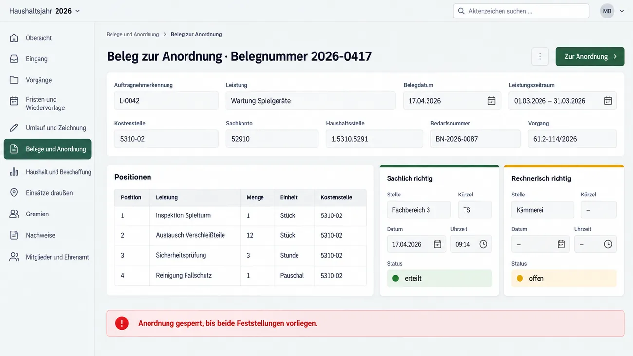 Maske: Beleg zur Anordnung mit Auftragnehmerkennung, Leistung, Belegdatum, Leistungszeitraum, Kostenstelle, Sachkonto, Haushaltsstelle, Bedarfsnummer und Vorgang, der Tabelle Positionen mit Leistung, Menge, Einheit und Kostenstelle ohne Beträge, den getrennten Freigabekarten Sachlich richtig, vom Fachbereich mit Kürzel, Datum und Uhrzeit erteilt, und Rechnerisch richtig, bei der Kämmerei noch offen, und dem Hinweis Anordnung gesperrt, bis beide Feststellungen vorliegen