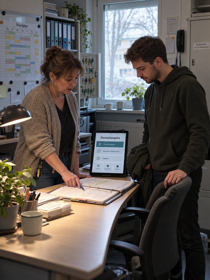 Dienstübergabe im Gruppenbüro am Nachmittag: Eine Kollegin in Strickjacke mit Schlüsselbund am Gürtel zeigt mit dem Kugelschreiber auf eine Zeile in der aufgeschlagenen Übergabemappe, ein jüngerer Kollege im Kapuzenpullover, die Jacke über dem Arm und eine Hand auf der Stuhllehne, sieht auf dieselbe Stelle, zwischen beiden ein Tablet mit der Maske Dienstübergabe, dahinter Dienstplan, Schlüsselschrank, Wandtelefon und ein verschlossener Medikamentenschrank
