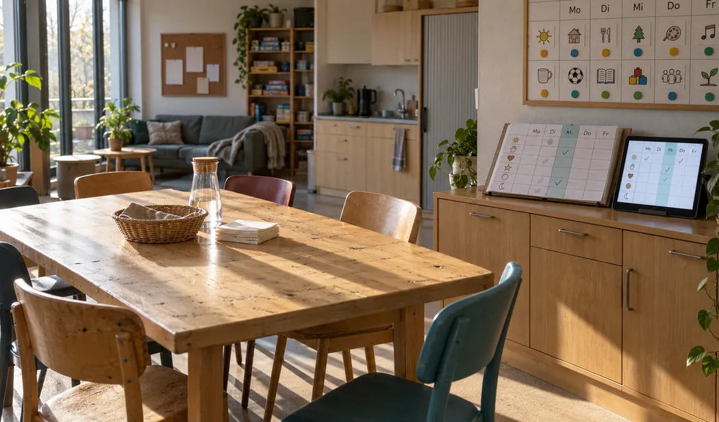 Leerer Gruppenraum im Morgenlicht: ein langer Holztisch mit Brotkorb, Glaskaraffe und Serviettenstapel, darum ungleiche Stühle, rechts auf dem Sideboard ein aufgeschlagenes Anwesenheitsbuch mit Tagesspalten und Symbolen statt Namen und daneben ein Tablet mit derselben Tabelle und blaugrün markierter Mittwochsspalte, darüber ein Wochenplan aus Piktogrammen, im Hintergrund Sofa, Spieleregal und Küchenzeile
