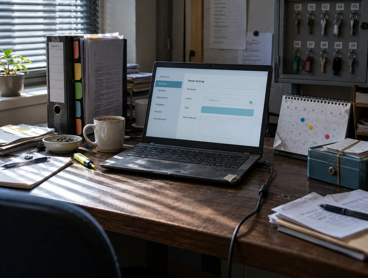 Arbeitsnische im Dienstzimmer, Jalousienlicht auf der dunklen Holzplatte: in der Mitte ein abgenutztes Notebook mit Klebebandrest an der Ecke und der Maske Neuer Eintrag mit Kategorie, Datum, Titel und Beschreibung, links ein Ordner mit farbigen Registerreitern, eine Kaffeetasse, Büroklammern und ein Textmarker ohne Kappe, rechts ein Tischkalender mit drei Klebepunkten und eine Geldkassette mit Belegstapel unter einem Gummiband, dahinter ein Schlüsselschrank