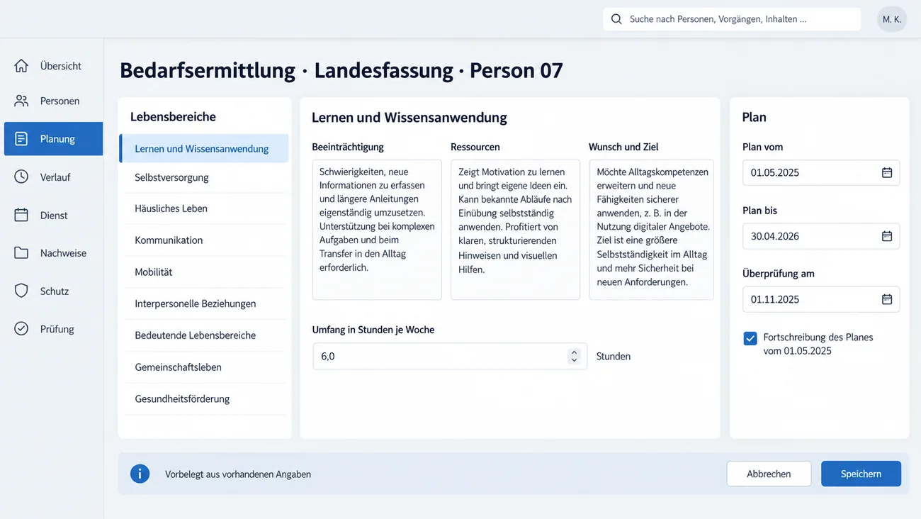 Maske: Bedarfsermittlung in der Landesfassung für Person 07 mit neun Lebensbereichen von Lernen und Wissensanwendung bis Gesundheitsförderung, der erste geöffnet mit den Spalten Beeinträchtigung, Ressourcen sowie Wunsch und Ziel und einem Umfang von 6,0 Stunden je Woche, der Karte Plan mit Plan vom 01.05.2025, Plan bis 30.04.2026, Überprüfung am 01.11.2025 und angehakter Fortschreibung und dem Hinweis Vorbelegt aus vorhandenen Angaben
