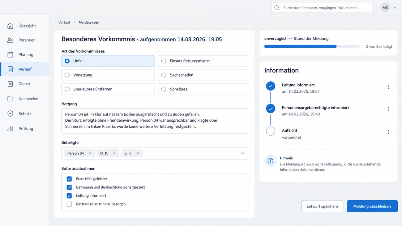 Maske: Besonderes Vorkommnis, aufgenommen am 14.03.2026 um 19:05, mit der Auswahl Art des Vorkommnisses von Unfall bis Sonstiges, Unfall gewählt, dem Hergang als Freitext, den Beteiligten als Kürzel, den Sofortmaßnahmen mit drei von vier angehakt, dem Stand der Meldung mit 2 von 3 erledigt und der Karte Information mit Leitung und Personensorgeberechtigten informiert samt Uhrzeit und der Meldung an die Aufsicht vorbereitet