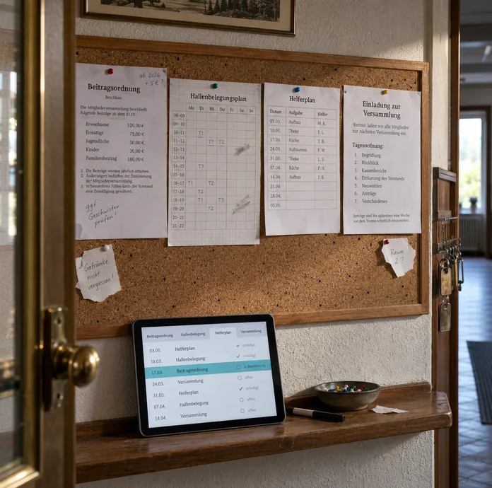 Aushangbrett im Flur eines Vereinsheims hinter einer halb geöffneten Glastür: an der Korkwand eine Beitragsordnung mit handschriftlichen Randnotizen, ein karierter Hallenbelegungsplan mit radierten Einträgen, ein Helferplan mit drei leeren Zeilen und eine Einladung zur Versammlung mit Tagesordnung, darunter auf dem Bord ein Tablet mit denselben vier Bereichen als Reiter und einer Liste mit Datum und Status, daneben eine Schale mit Pinnnadeln, rechts ein Schlüsselbrett