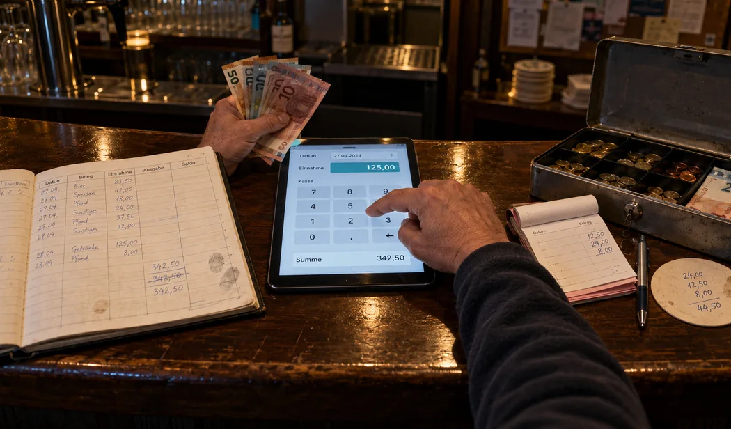 Tresen im Vereinsheim am Abend: Eine Hand hält gefächerte Geldscheine, die andere tippt auf einem flach liegenden Tablet mit den Feldern Datum, Einnahme und Kasse eine Einnahme von 125,00 ein, links das aufgeschlagene handgeführte Kassenbuch mit einer mehrfach geschriebenen, einmal durchgestrichenen Summe und Daumenabdrücken am Rand, rechts eine offene Geldkassette mit Münzen, ein Quittungsblock, ein Kugelschreiber und ein Bierdeckel mit einer Nebenrechnung
